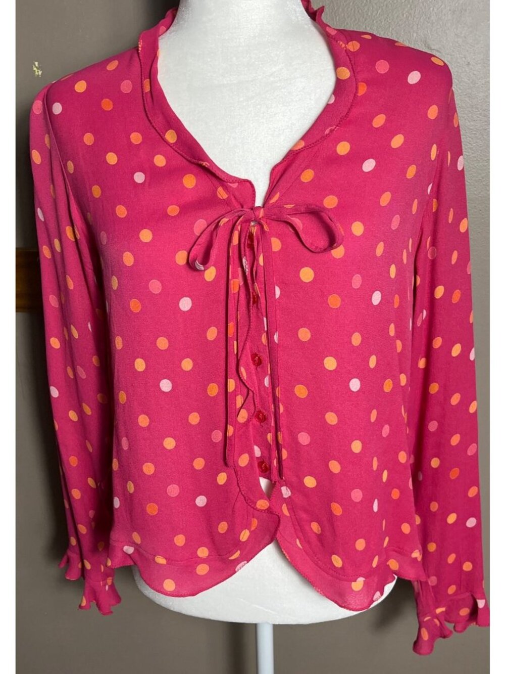 Vtg Rare April Cornell Top Pink Polka Dot Button Ties Twee Flutter Ruffles Wm XS - Picture 9 of 10